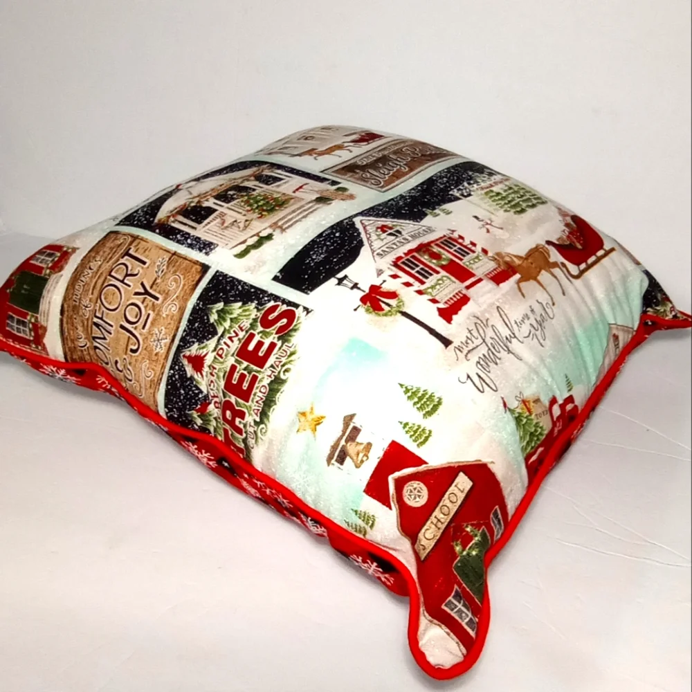 Christmas Red Truck Sleigh Village Pine Trees Snow Flakes Pillow 15